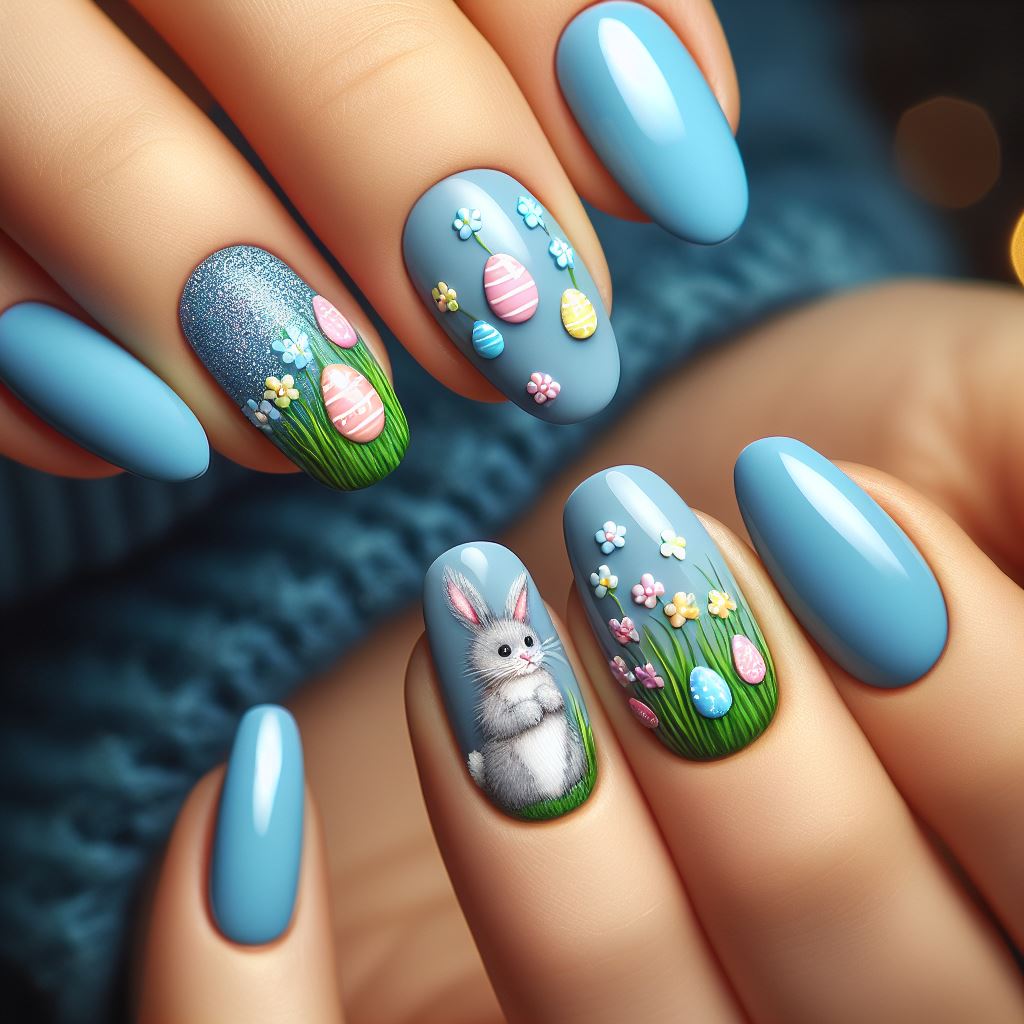 Blue Easter bunny Nails